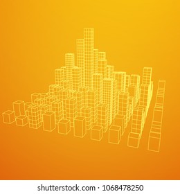 Mesh low poly wireframe cubes array like skyscraper city. Connected lines town. Connection Box Structure. Digital Data Visualization Concept. Vector Illustration.