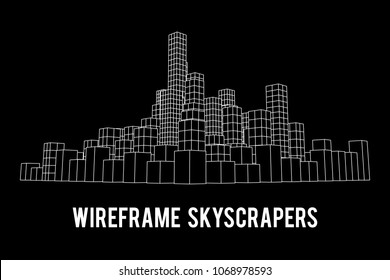 Mesh low poly wireframe cubes array like skyscraper city. Connected lines town. Connection Box Structure. Digital Data Visualization Concept. Vector Illustration.