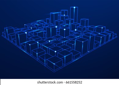 Mesh low poly wireframe cubes array like skyscraper city. Connected lines. Connection Box Structure. Digital Data Visualization Concept. Vector Illustration.