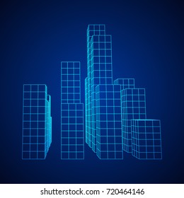 Mesh low poly wireframe cubes array like skyscraper city. Connected lines. Connection Box Structure. Digital Data Visualization Concept. Vector Illustration.