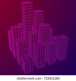 Mesh low poly wireframe cubes array like skyscraper city. Connected lines. Connection Box Structure. Digital Data Visualization Concept. Vector Illustration.