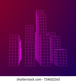 Mesh low poly wireframe cubes array like skyscraper city. Connected lines. Connection Box Structure. Digital Data Visualization Concept. Vector Illustration.