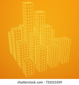 Mesh low poly wireframe cubes array like skyscraper city. Connected lines. Connection Box Structure. Digital Data Visualization Concept. Vector Illustration.