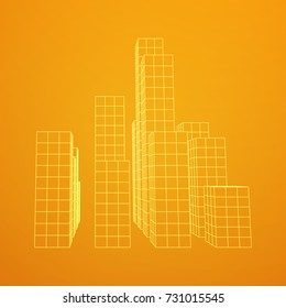 Mesh low poly wireframe cubes array like skyscraper city. Connected lines. Connection Box Structure. Digital Data Visualization Concept. Vector Illustration.