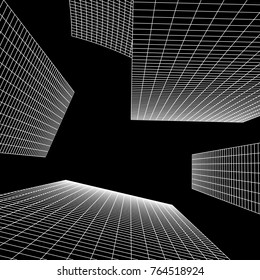 Mesh low poly wireframe cubes array like skyscraper city. Connected lines. Connection Box Structure. Digital Data Visualization Concept. Vector Illustration.