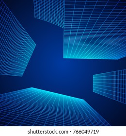 Mesh low poly wireframe cubes array like skyscraper city. Connected lines. Connection Box Structure. Digital Data Visualization Concept. Vector Illustration.