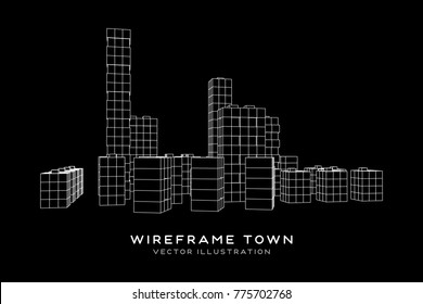 Mesh low poly wireframe cubes array like skyscraper city. Connected lines town. Connection Box Structure. Digital Data Visualization Concept. Vector Illustration.