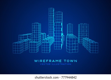 Mesh low poly wireframe cubes array like skyscraper city. Connected lines town. Connection Box Structure. Digital Data Visualization Concept. Vector Illustration.