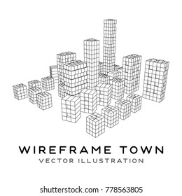 Mesh low poly wireframe cubes array like skyscraper city. Connected lines town. Connection Box Structure. Digital Data Visualization Concept. Vector Illustration.