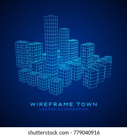 Mesh low poly wireframe cubes array like skyscraper city. Connected lines town. Connection Box Structure. Digital Data Visualization Concept. Vector Illustration.