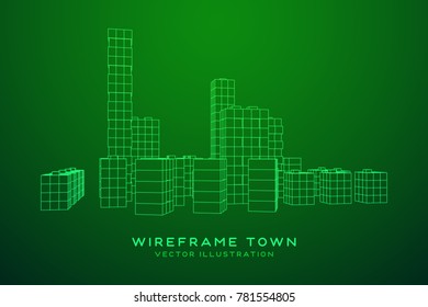 Mesh low poly wireframe cubes array like skyscraper city. Connected lines town. Connection Box Structure. Digital Data Visualization Concept. Vector Illustration.