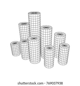 Mesh low poly wireframe Cylinder array like skyscraper city. Connected lines. Connection Box Structure. Digital Data Visualization Concept. Vector Illustration.