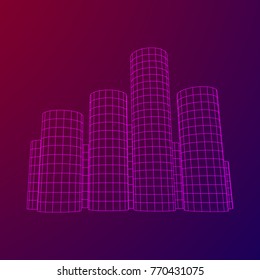 Mesh low poly wireframe Cylinder array like skyscraper city. Connected lines. Connection Box Structure. Digital Data Visualization Concept. Vector Illustration.