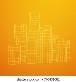 Mesh low poly wireframe Cylinder array like skyscraper city. Connected lines. Connection Box Structure. Digital Data Visualization Concept. Vector Illustration.