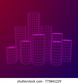 Mesh low poly wireframe Cylinder array like skyscraper city. Connected lines. Connection Box Structure. Digital Data Visualization Concept. Vector Illustration.