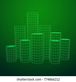 Mesh low poly wireframe Cylinder array like skyscraper city. Connected lines. Connection Box Structure. Digital Data Visualization Concept. Vector Illustration.