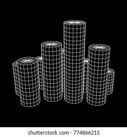 Mesh low poly wireframe Cylinder array like skyscraper city. Connected lines. Connection Box Structure. Digital Data Visualization Concept. Vector Illustration.