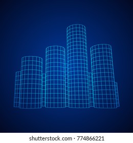 Mesh low poly wireframe Cylinder array like skyscraper city. Connected lines. Connection Box Structure. Digital Data Visualization Concept. Vector Illustration.