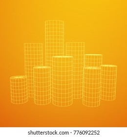 Mesh low poly wireframe Cylinder array like skyscraper city. Connected lines. Connection Box Structure. Digital Data Visualization Concept. Vector Illustration.