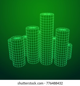 Mesh low poly wireframe Cylinder array like skyscraper city. Connected lines. Connection Box Structure. Digital Data Visualization Concept. Vector Illustration.