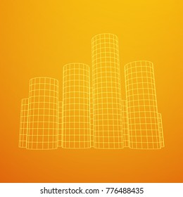 Mesh low poly wireframe Cylinder array like skyscraper city. Connected lines. Connection Box Structure. Digital Data Visualization Concept. Vector Illustration.