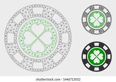 Mesh luck casino chip model with triangle mosaic icon. Wire carcass polygonal mesh of luck casino chip. Vector composition of triangle elements in variable sizes, and color hues.