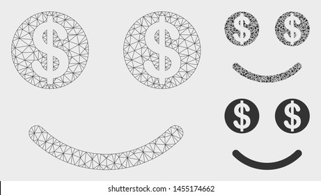 Mesh luck dollar smile model with triangle mosaic icon. Wire frame polygonal mesh of luck dollar smile. Vector mosaic of triangle elements in various sizes, and color shades.