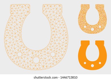 Mesh lucky horseshoe model with triangle mosaic icon. Wire frame triangular network of lucky horseshoe. Vector mosaic of triangle elements in different sizes, and color tints.