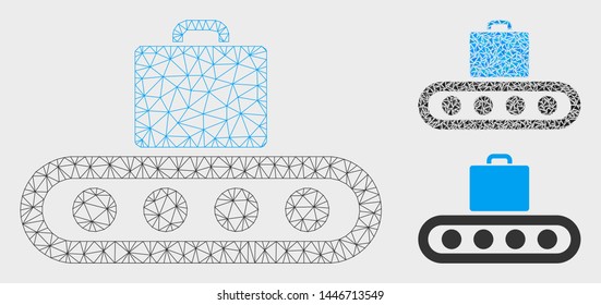 Mesh luggage conveyor model with triangle mosaic icon. Wire carcass polygonal mesh of luggage conveyor. Vector composition of triangle elements in different sizes, and color hues.
