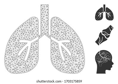 Mesh lungs polygonal icon vector illustration. Carcass model is based on lungs flat icon. Triangular net forms abstract lungs flat model.
