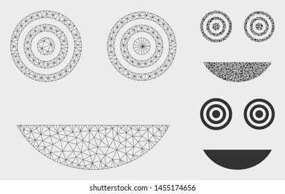 Mesh mad smiley model with triangle mosaic icon. Wire frame polygonal network of mad smiley. Vector mosaic of triangle parts in different sizes, and color shades. Abstract 2d mesh mad smiley,