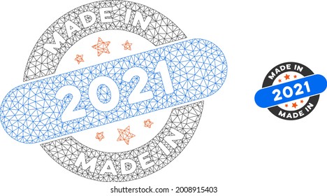 Malla hecha en icono del modelo de estampado 2021. Malla triangular del marco de alambre del vector fabricado en el sello 2021 aislado sobre un fondo blanco. Resumen de malla 2d diseñada con líneas triangulares y puntos esféricos.