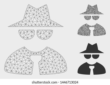 Mesh mafia boss model with triangle mosaic icon. Wire carcass polygonal mesh of mafia boss. Vector mosaic of triangle parts in variable sizes, and color tints. Abstract 2d mesh mafia boss,