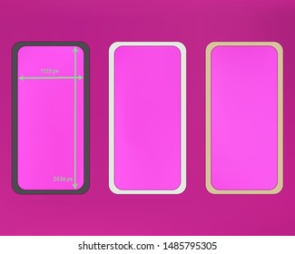 Mesh, magenta colored phone backgrounds kit. Plain screen design set, isolated background. Pure separated groups, easy to edit EPS. Ordinary backdrop. 2436x1125 ratio.