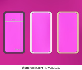 Mesh, magenta colored phone backgrounds kit. Liquid screen design set, isolated background. Plain backdrop. Cool separated groups, easy to edit EPS. 2436x1125 ratio.
