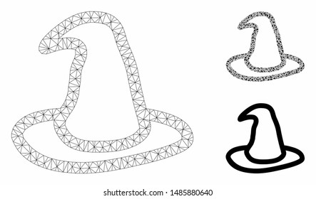 Mesh magic hat model with triangle mosaic icon. Wire carcass triangular mesh of magic hat. Vector collage of triangles in different sizes, and color tints. Abstract 2d mesh magic hat,