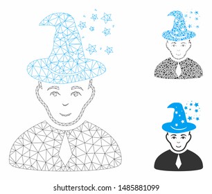 Mesh magic master model with triangle mosaic icon. Wire frame polygonal mesh of magic master. Vector composition of triangle elements in variable sizes, and color hues. Abstract 2d mesh magic master,