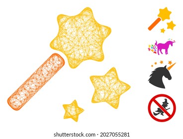 Mesh magic wand web 2d vector illustration. Model is based on magic wand flat icon. Mesh forms abstract magic wand flat carcass. wireframe flat web network isolated on a white background.