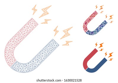 Mesh magnet power model with triangle mosaic icon. Wire frame triangular mesh of magnet power. Vector mosaic of triangle elements in variable sizes, and color tints. Abstract 2d mesh magnet power,