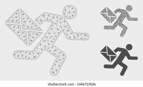 Mesh mail courier model with triangle mosaic icon. Wire frame triangular mesh of mail courier. Vector mosaic of triangle elements in various sizes, and color hues. Abstract flat mesh mail courier,