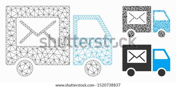 Mesh mail\
delivery van model with triangle mosaic icon. Wire frame triangular\
network of mail delivery van. Vector mosaic of triangle parts in\
different sizes, and color\
tints.
