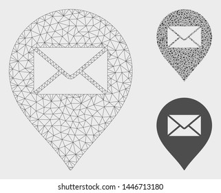 Mesh mail letter marker model with triangle mosaic icon. Wire frame triangular network of mail letter marker. Vector mosaic of triangle parts in variable sizes, and color tones.