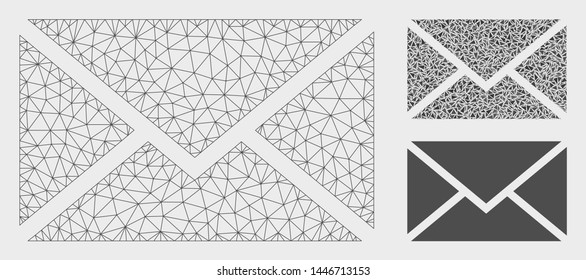 Mesh mail model with triangle mosaic icon. Wire carcass triangular mesh of mail. Vector mosaic of triangle elements in variable sizes, and color tinges. Abstract flat mesh mail,