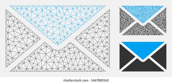 Mesh mail model with triangle mosaic icon. Wire frame triangular mesh of mail. Vector mosaic of triangle elements in different sizes, and color tinges. Abstract flat mesh mail,