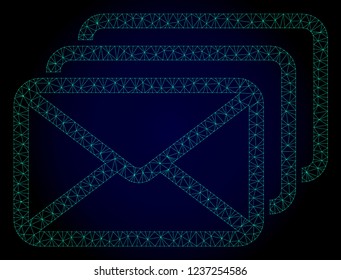 Mesh mail queue polygonal illustration. Abstract mesh lines, triangles and points on dark background with mail queue. Wire frame 2D polygonal line network in vector format on a dark blue background.