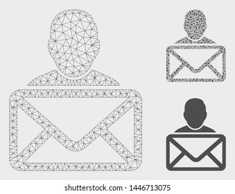 Mesh mail recipient model with triangle mosaic icon. Wire frame triangular mesh of mail recipient. Vector mosaic of triangle parts in different sizes, and color tints. Abstract 2d mesh mail recipient,