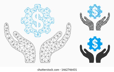 Mesh maintenance price model with triangle mosaic icon. Wire frame polygonal mesh of maintenance price. Vector mosaic of triangle elements in variable sizes, and color tones.