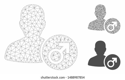 Mesh male model with triangle mosaic icon. Wire carcass polygonal mesh of male. Vector mosaic of triangle parts in various sizes, and color hues. Abstract 2d mesh male, created from triangles.