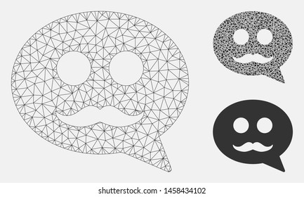 Mesh male smiley message model with triangle mosaic icon. Wire carcass polygonal mesh of male smiley message. Vector mosaic of triangles in variable sizes, and color tints.