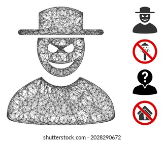Mesh malevolent gentleman web symbol vector illustration. Model is created from malevolent gentleman flat icon. Mesh forms abstract malevolent gentleman flat model.